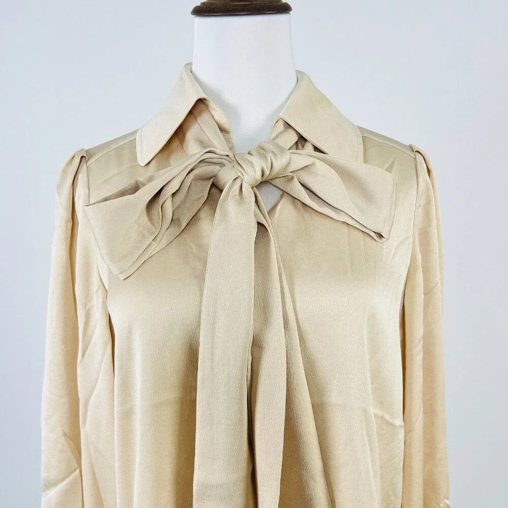 NWOT SEE BY CHLOÉ Tie-Neck Twill Blouse Khaki Size 38/6 Long Sleeves Ruffles - Picture 3 of 13